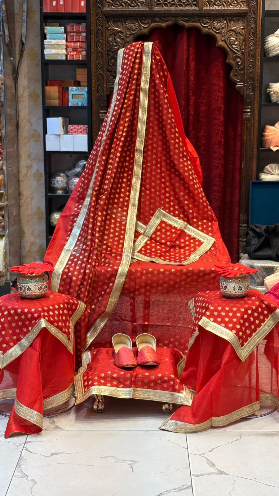 Divine Elegance in Red ❤️✨ Beautifully designed Guru Ji Chola Set with rich golden detailing, crafted to add grace, devotion, and royal charm to every darbar by Rajesh Collections.
