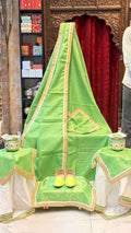 Serenity in Divine Green 💚✨ An elegant pastel green Guru Ji Chola Set beautifully finished with graceful golden borders — designed to bring peace, devotion, and royal simplicity to every darbar by Rajesh Collections.