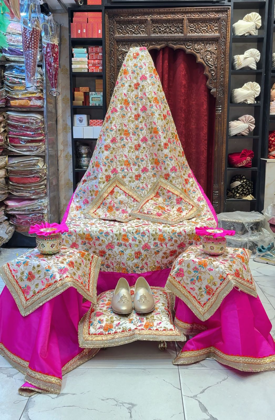 Blooming with Divine Elegance 🌸✨ A beautifully embroidered floral Guru Ji Chola Set in vibrant pink and ivory tones — crafted to bring grace, devotion, and royal charm to every darbar by Rajesh Collections.