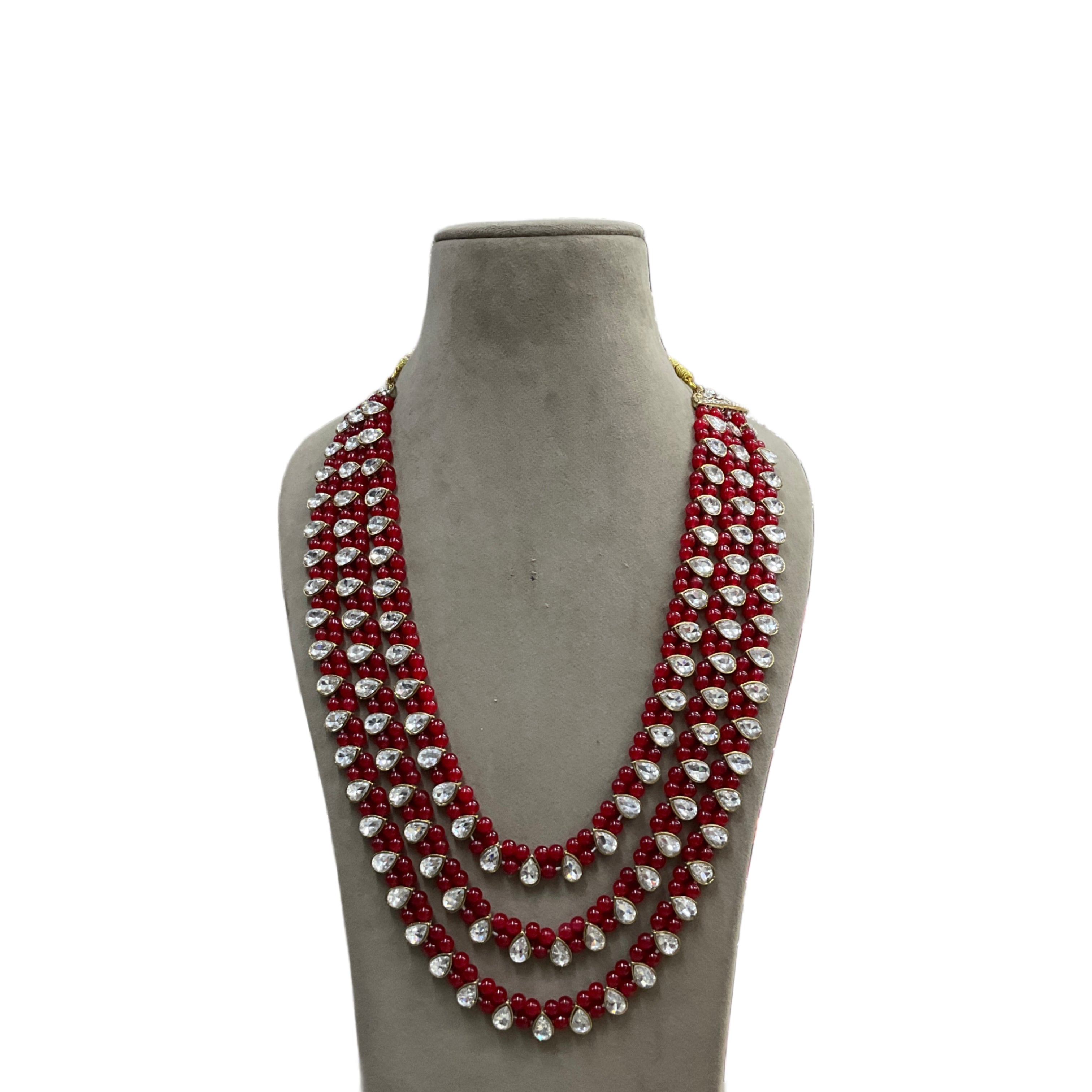 Three Layer Maroon Groom Mala | Kundan Beaded Necklace