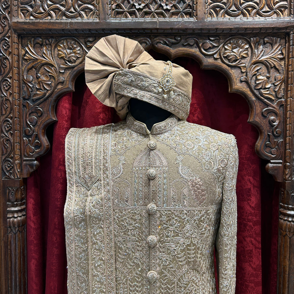 Royal Brown Embroidered Wedding Sherwani with safa