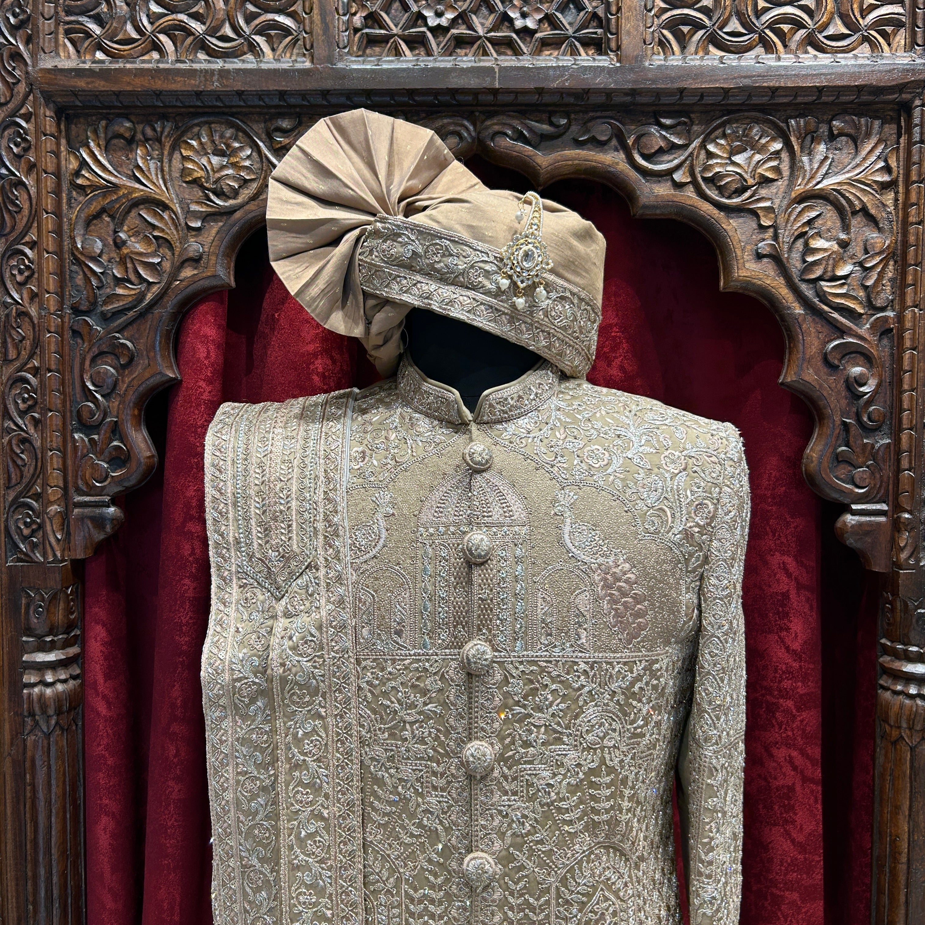 Royal Brown Embroidered Wedding Sherwani with safa