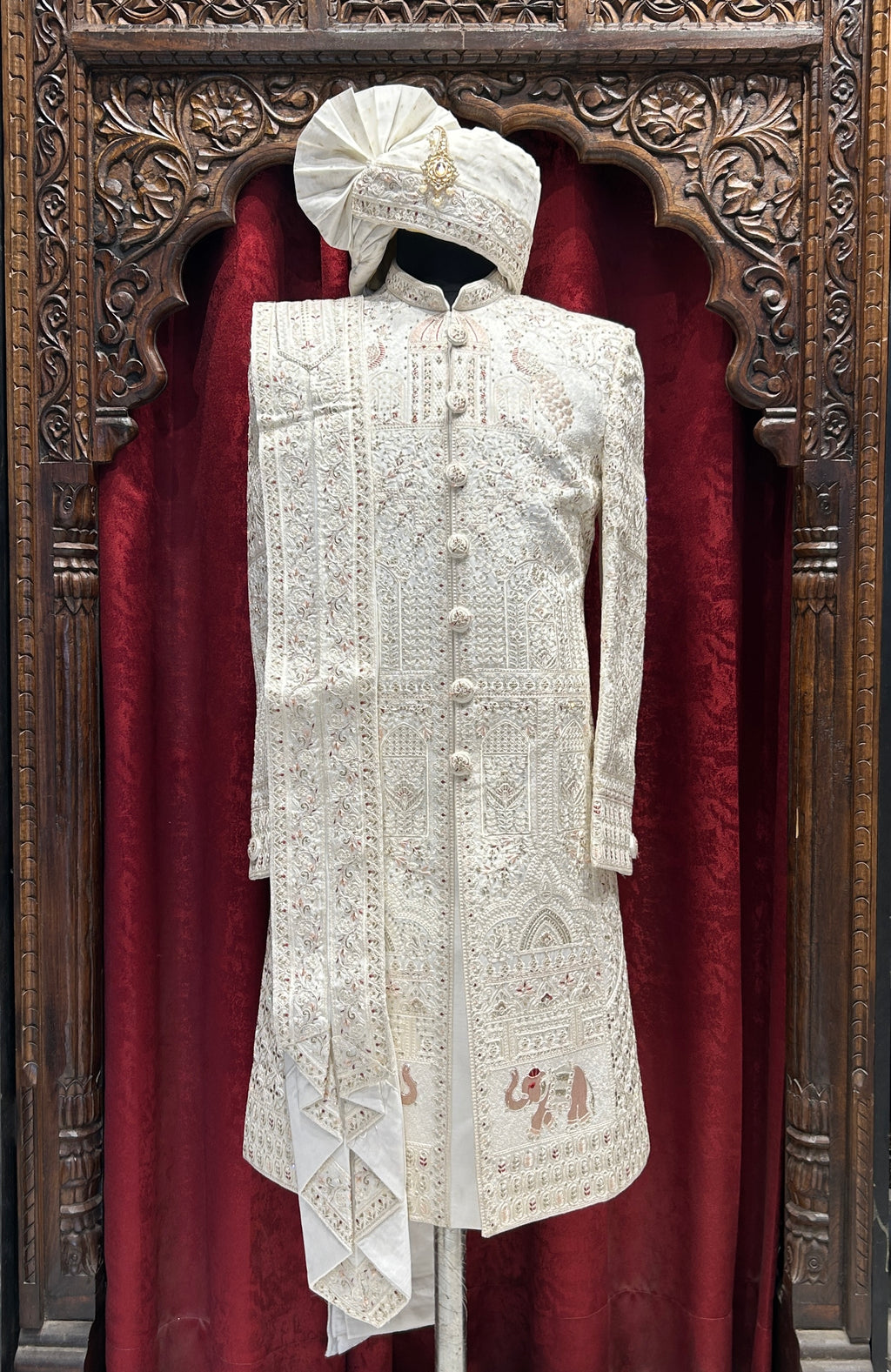 White Royal Embroidered Wedding Sherwani with Safa