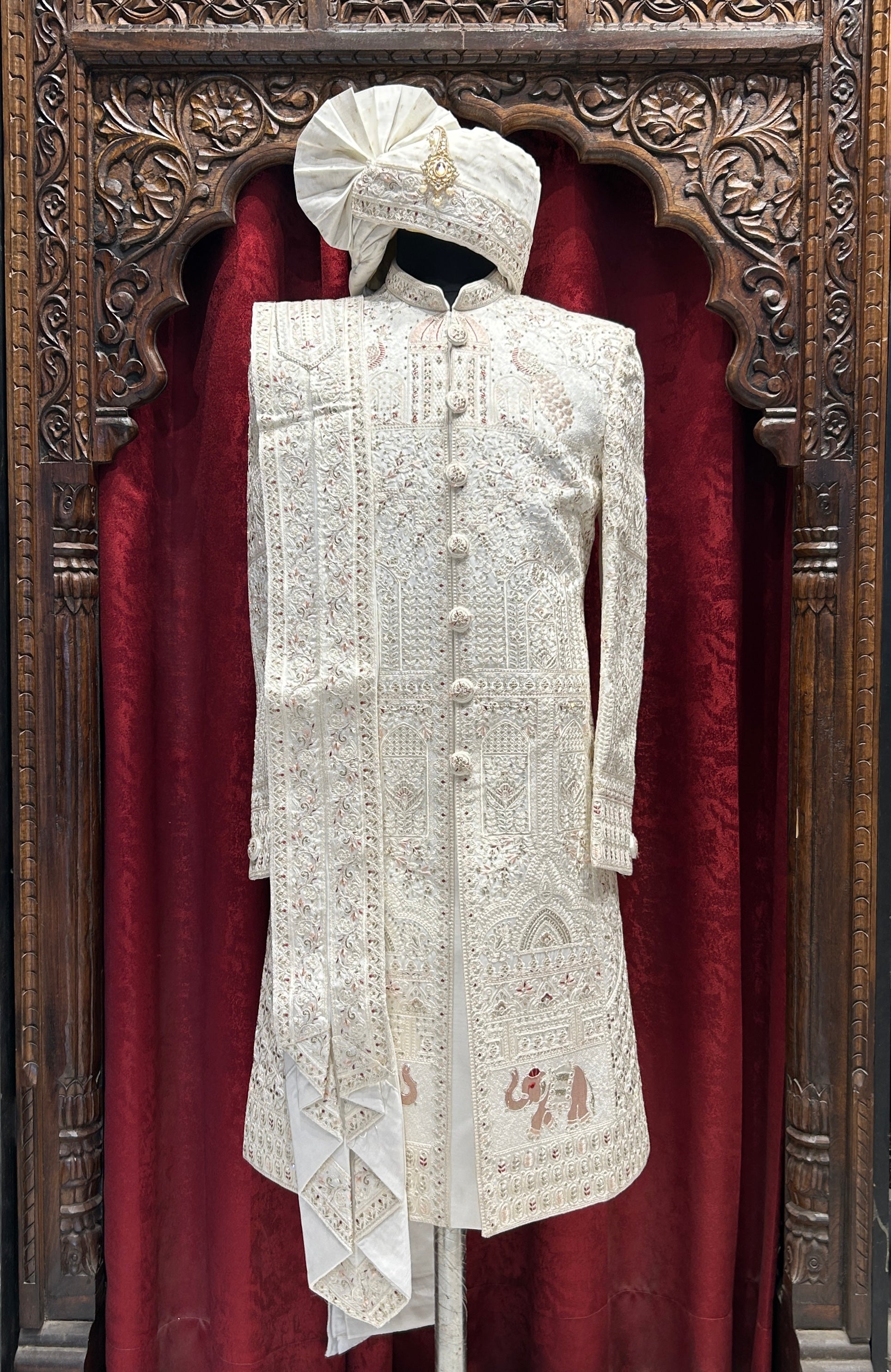 White Royal Embroidered Wedding Sherwani with Safa