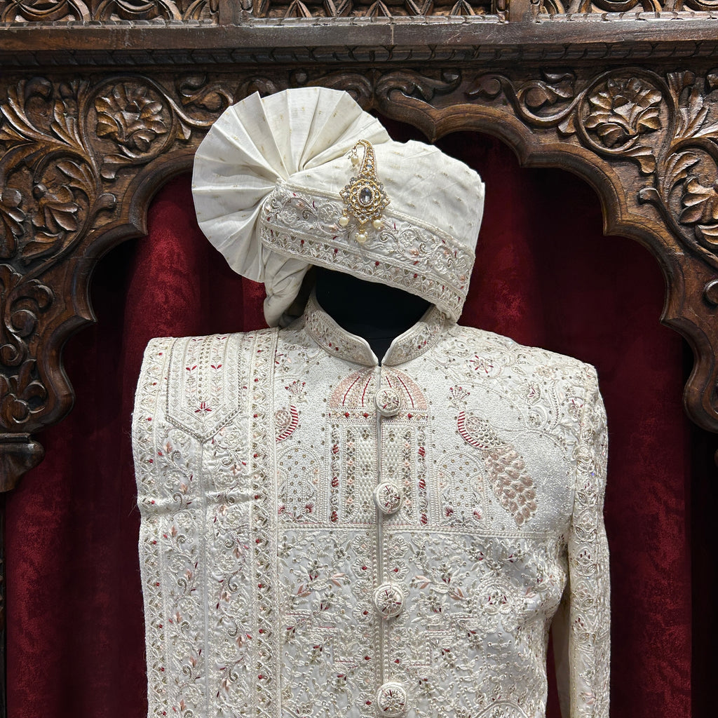 White Royal Embroidered Wedding Sherwani with Safa