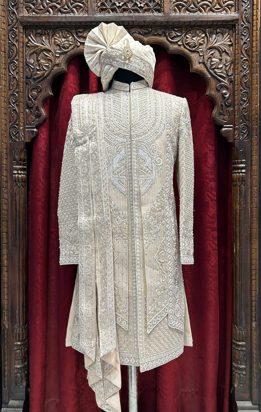 Royal White Heavy Embroidered Wedding Sherwani with Safa