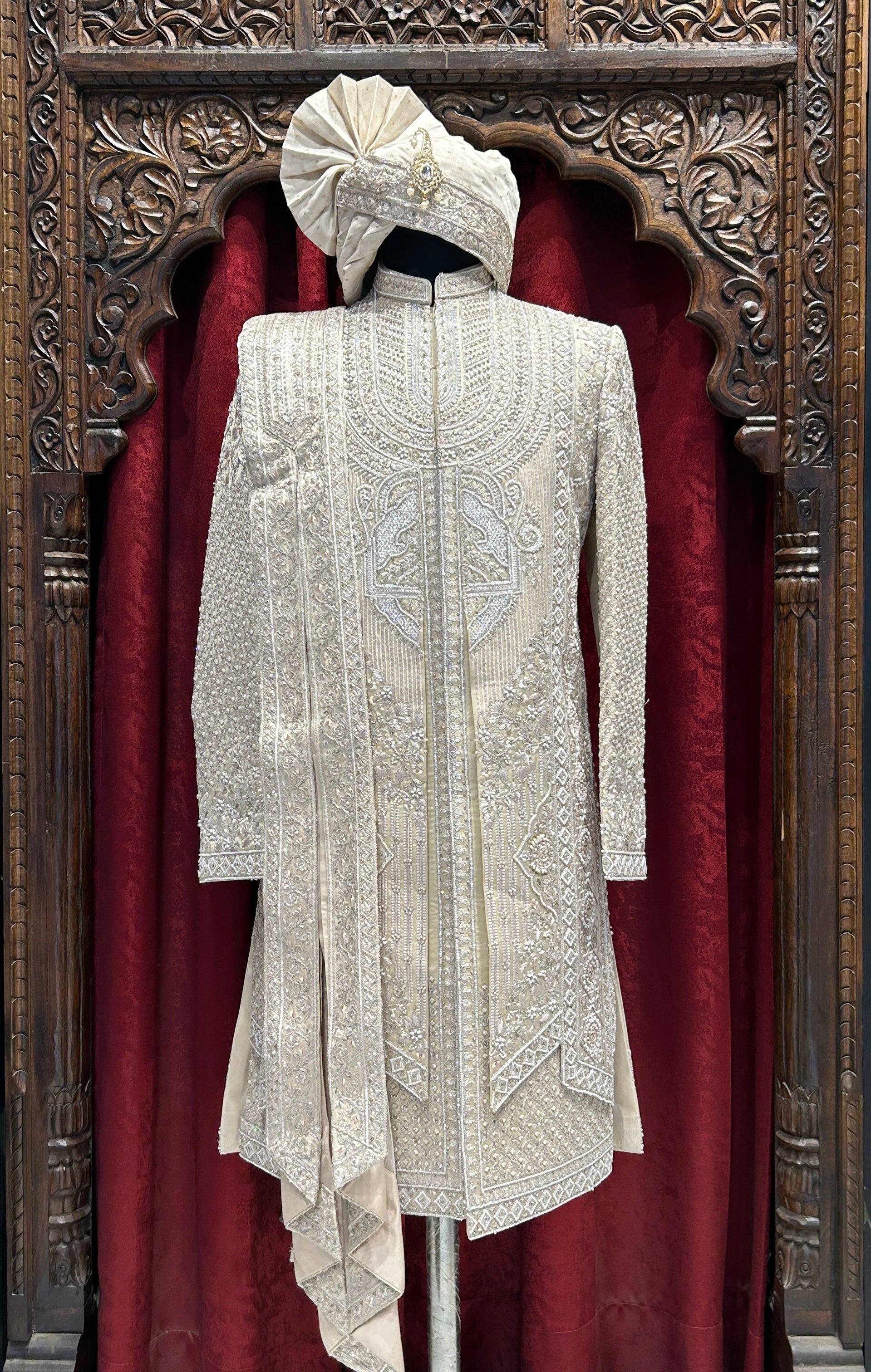 Royal White Heavy Embroidered Wedding Sherwani with Safa