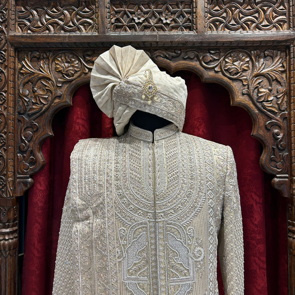 Royal White Heavy Embroidered Wedding Sherwani with Safa