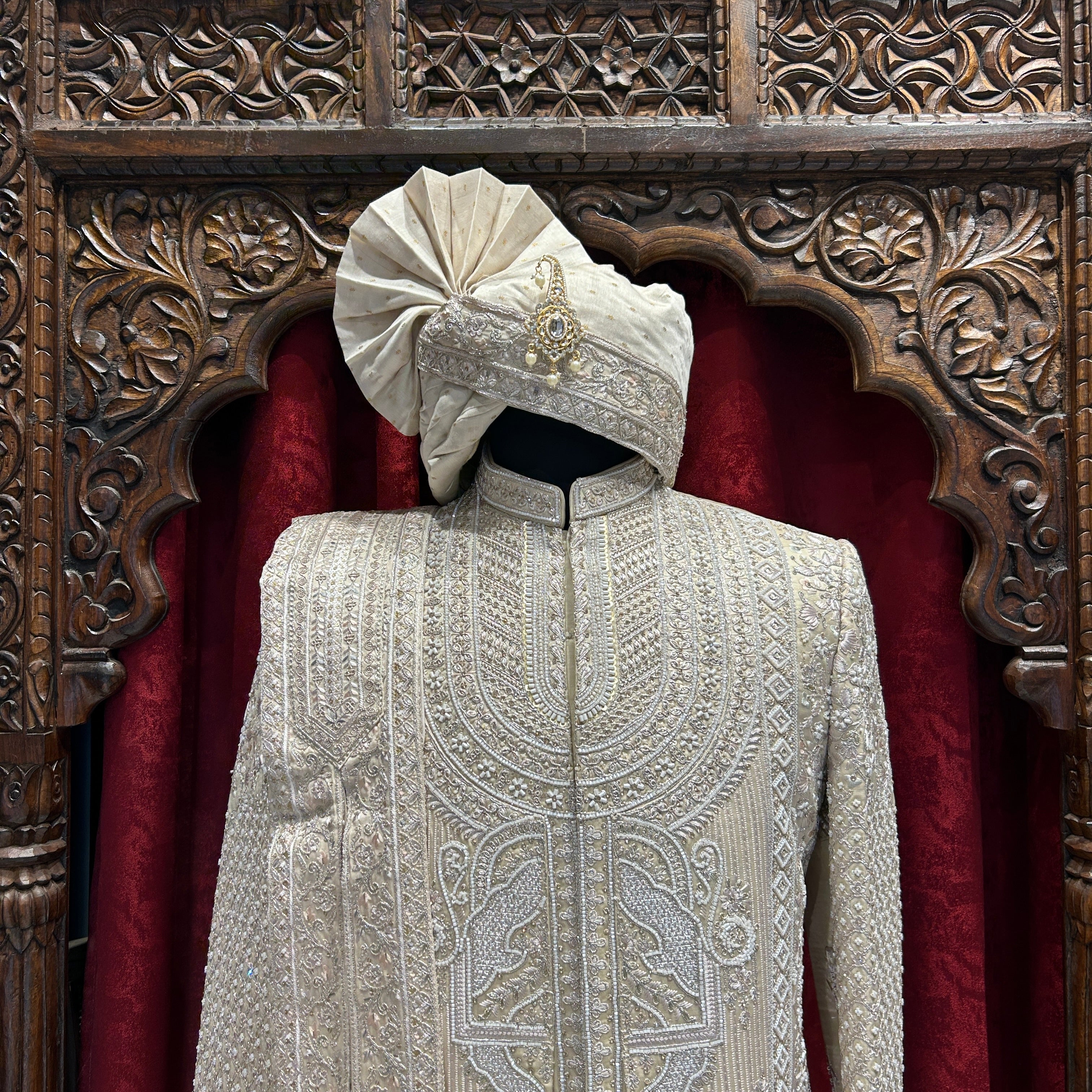 Royal White Heavy Embroidered Wedding Sherwani with Safa