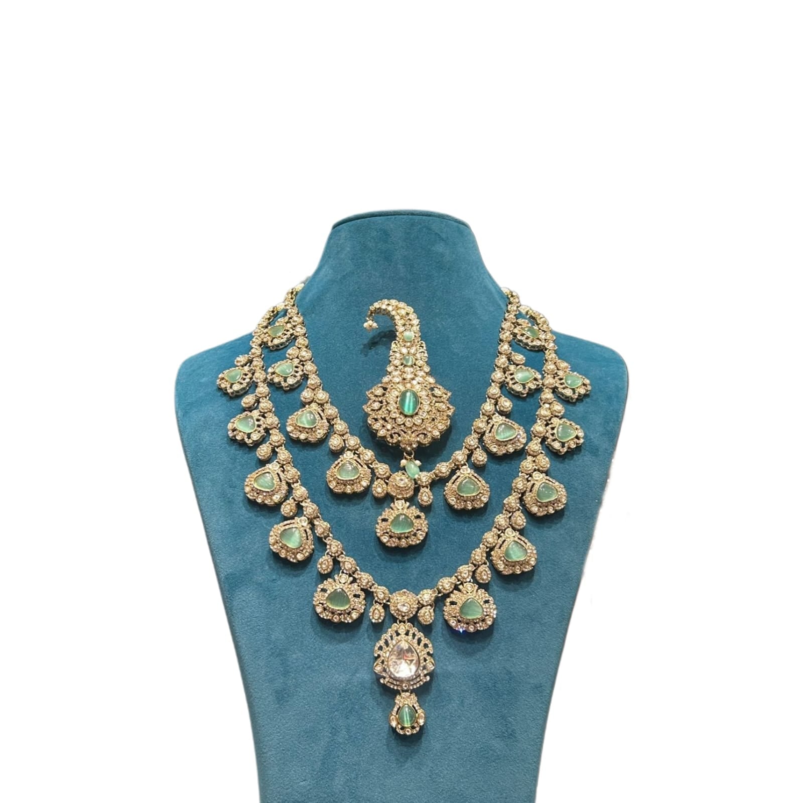 Mint green emerald groom jewellery with kalangi, crafted to complement traditional wedding attire.